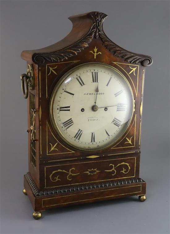 Heselwood of York. A Regency brass inset mahogany bracket clock, height 19.25in.